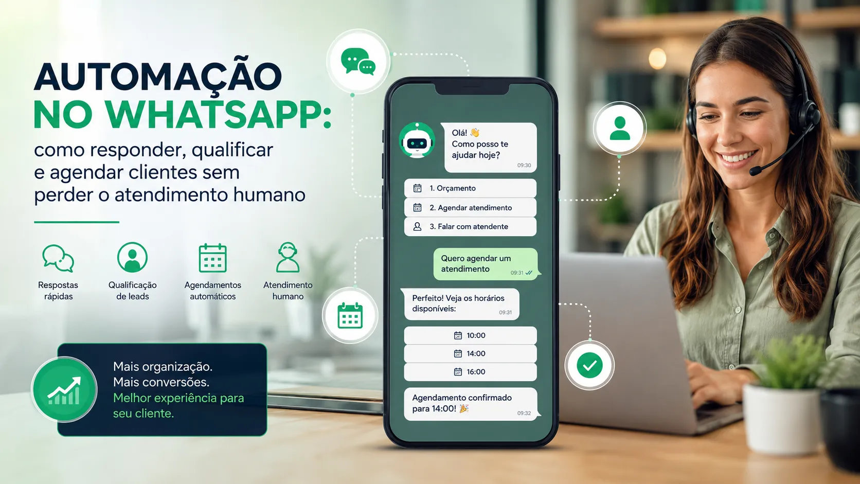 Tela de WhatsApp com assistente virtual, opções de orçamento e agendamento, ao lado de atendente humana
