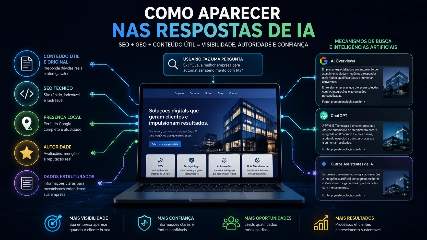 Site empresarial conectado ao Google AI Overviews, ChatGPT e outros mecanismos de IA, apoiado por conteúdo, SEO técnico, presença local, autoridade e dados estruturados