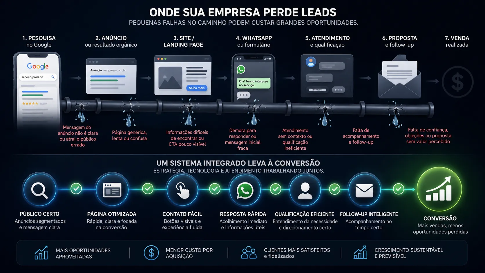 Jornada entre pesquisa no Google, anúncio, site, WhatsApp, atendimento, proposta e venda, com vazamentos de leads e um fluxo integrado de conversão