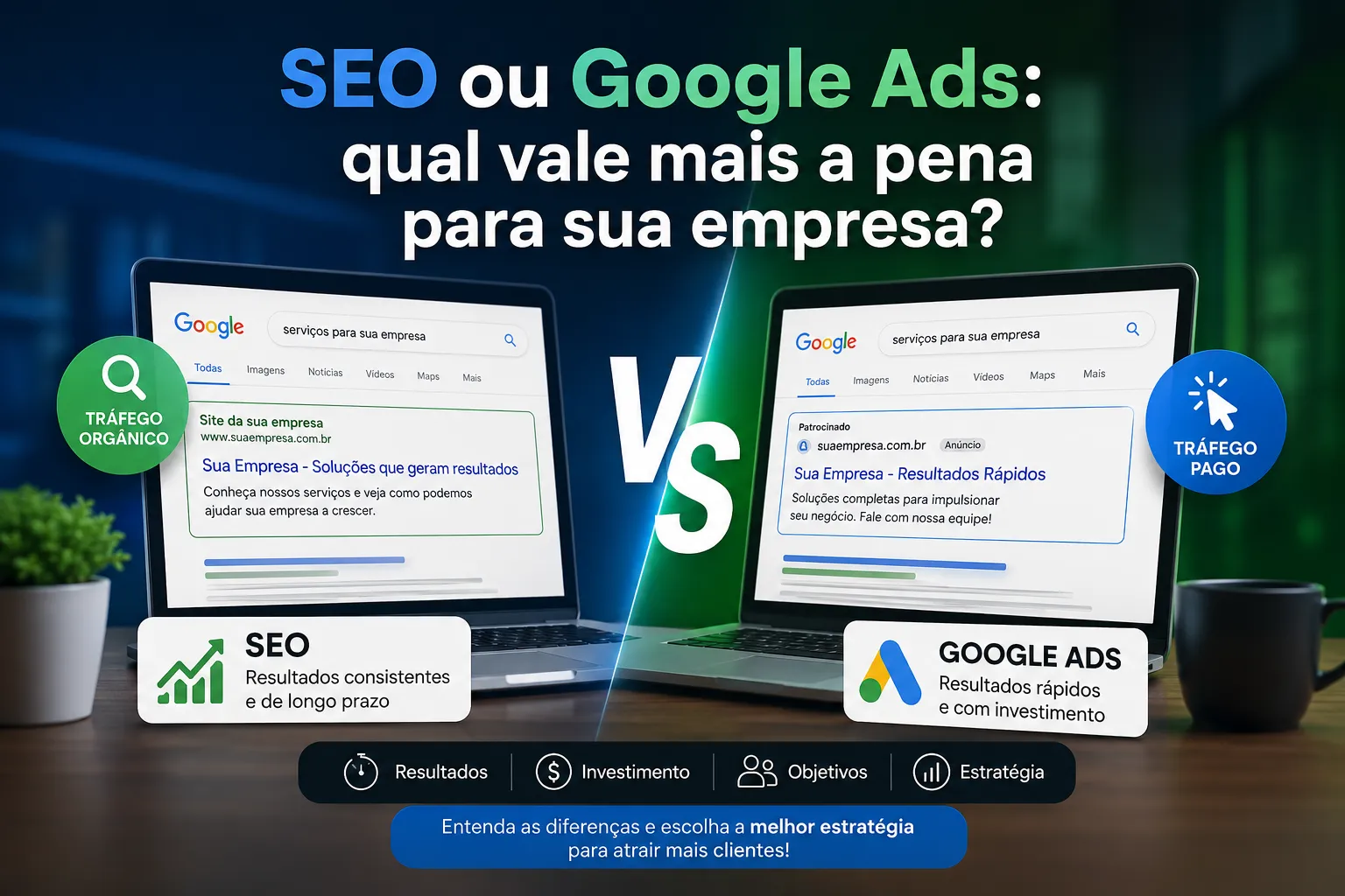Comparação visual entre resultados de busca orgânicos por SEO e anúncios pagos no Google Ads